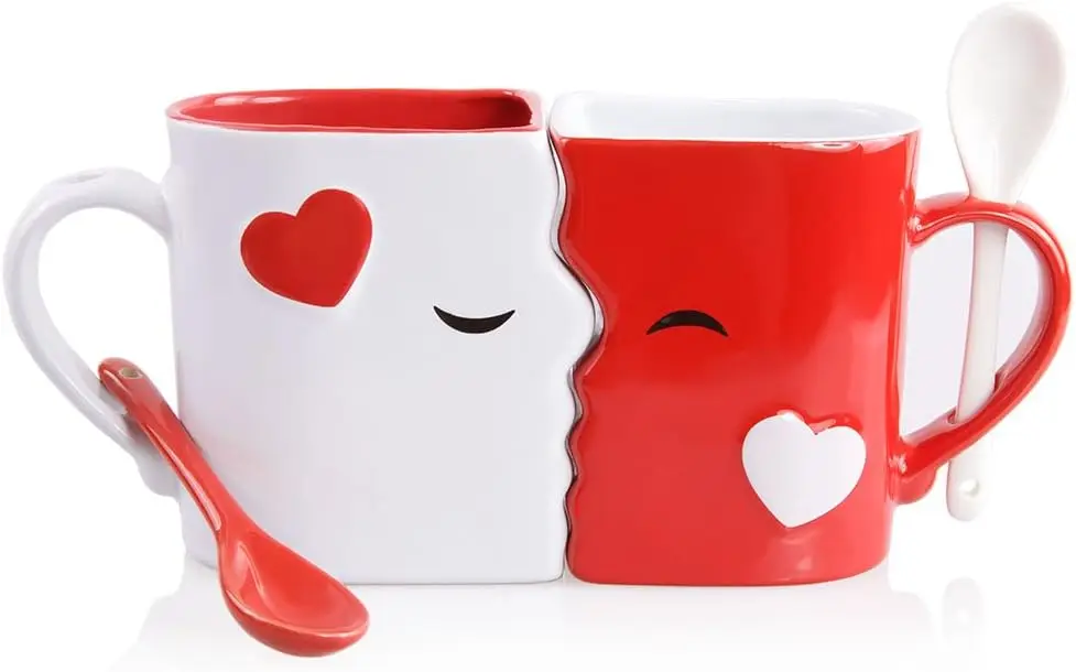 

Kissing Mugs Set, Anniversary & Wedding Gifts, Exquisitely Crafted Two Large Cups & Spoons for Couples
