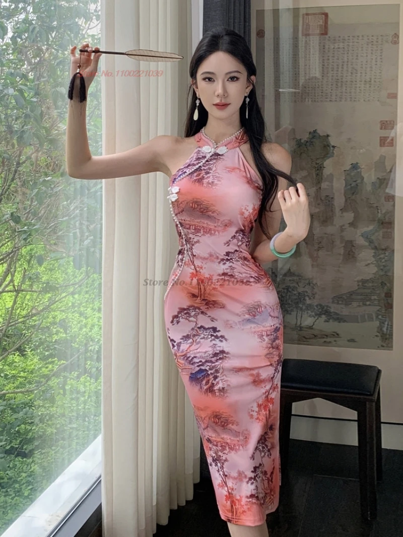 

2026 chinese sexy dress improved cheongsam national flower print sleeveless qipao traditional nightclub bodycon dress qipao