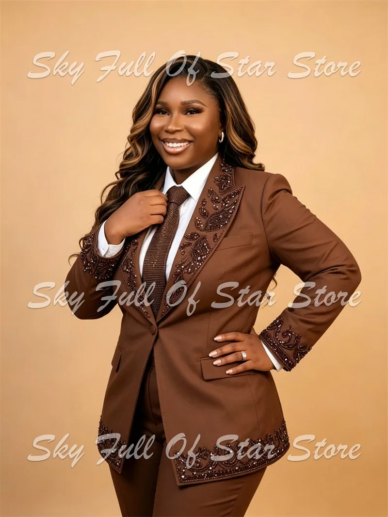 Elegant Paisley Crystal Rhinestone Decor Women Suit Set 2 Pcs Brown Blazer Straight Pants Formal Office Party Sunday Lady Jacket