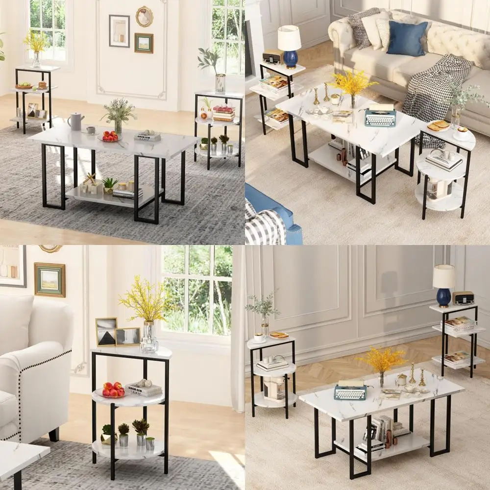 Faux Marble 3-Piece Table Set: Coffee Table with Two Side Tables, Metal Frame, Ideal for Living Room