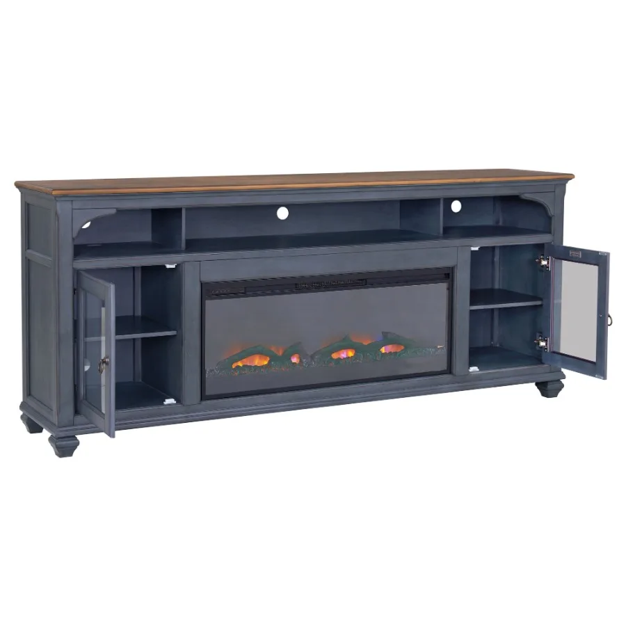 Bridgevine Home Americana 86 in Fireplace TV Stand for TVs up to 95 inches Corduroy Blue Finish