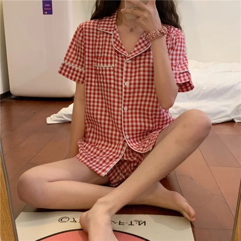 Candy Color Short Sleeve Pajamas Loose Casual T-shirt Shorts Nightwear Nightdress Homewear Plaid Sleepwear Set Home Clothes