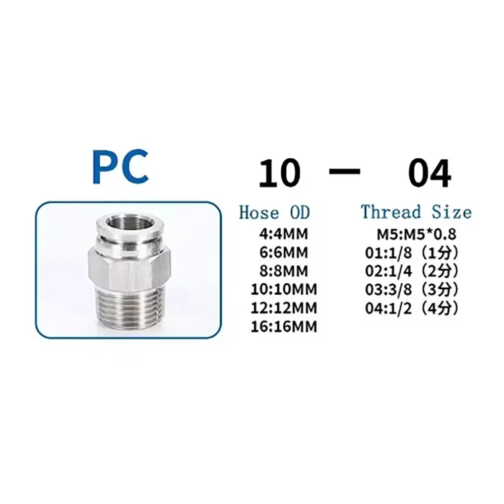 304 aço inoxidável ar conexão rápida ao mangueira 4/6/8/10/12mm rosca externa bspt m5 1/8 1/4 1/2 push in mangueira conector pneumático
