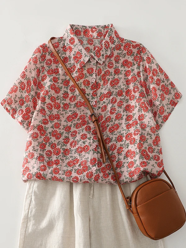 

Early Summer Unique Beautiful Women's Cotton Linen ort Sve Casual irt Loose Fit Floral Print Trendy Button up Top