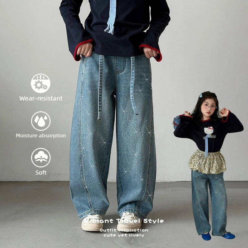 School Girls Straight Jeans 2026 New Spring Blue Rhinestone Denim Pants Kids Wide Leg Trousers Teen Fashion Casual Daily Wear