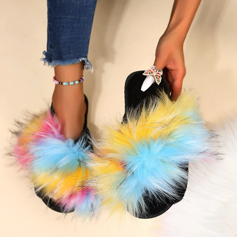 

Fashion Mix Color Fluffy Fur Slippers for Women Winter Warm Cozy Indoor House Shoes Woman Open Toe Non Slip Plush Floor Slippers