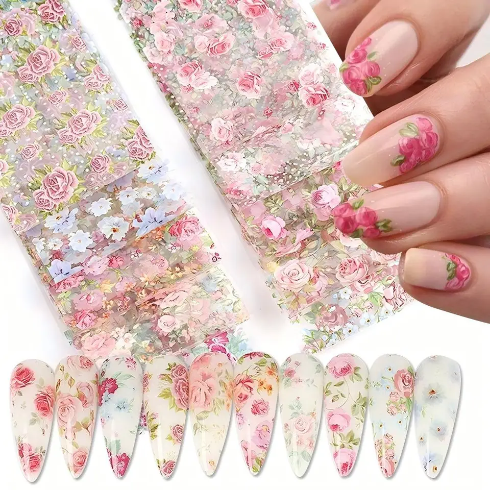 10 Piezas Mixtas Láminas de Transferencia para Arte de Uñas Set de Pegatinas Diseños de Rosas Florales Cielo Estrellado Envolturas de Uñas Decoración de Manicura para Boda Verano 2