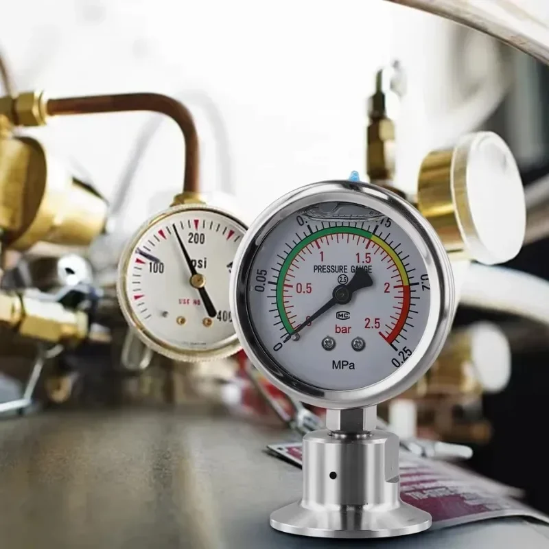 316L Stainless Steel Tri Clamp Diaphragm Pressure Gauge 0-0.25MPa -40~70℃ Liquid Measurement 50.5mm OD Sanitary Manometer