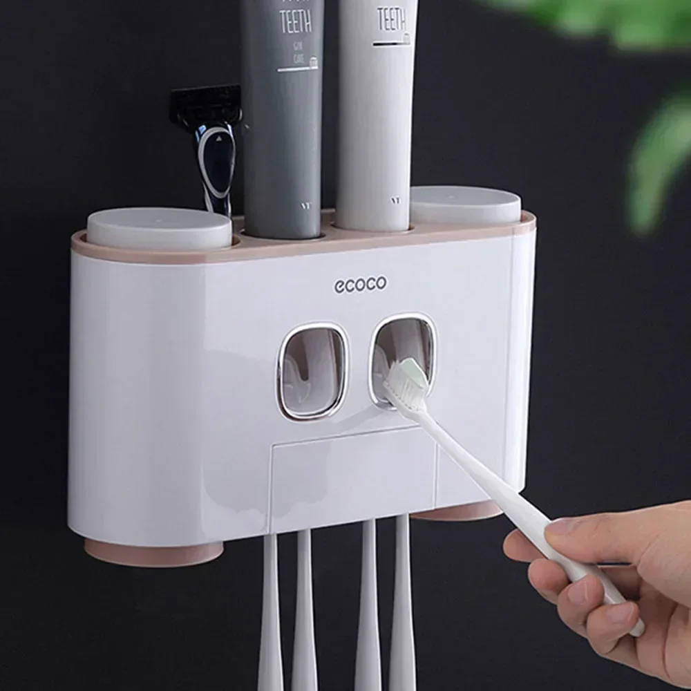 4 Cup Automatic Toothpaste Dispenser Dust-proof Toothbrush Holder With Cups No Nail Wall Stand Shelf Bathroom Accessories Sets