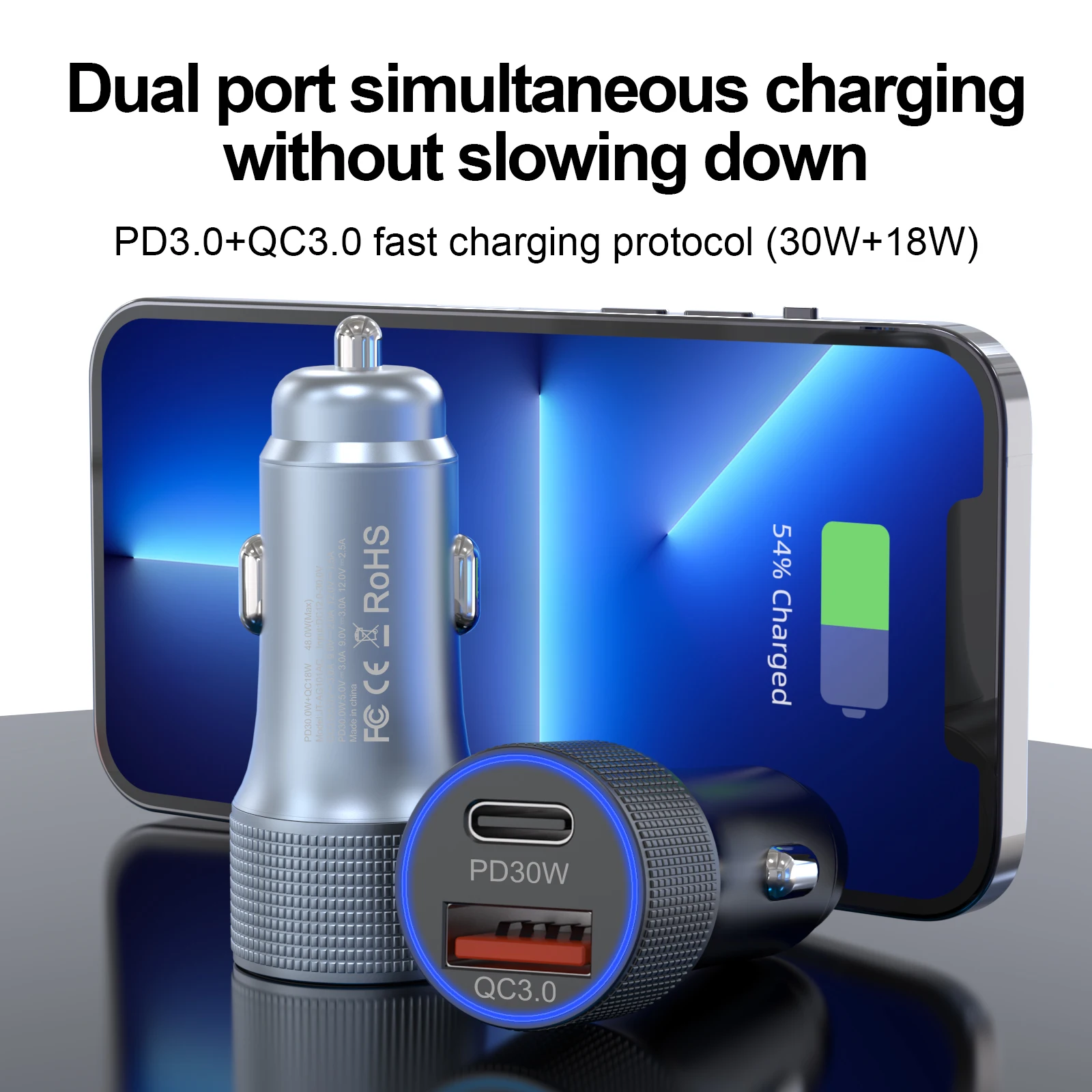 48 W Dual-Port-Autoladegerät-Adapter PD3.0 und QC3.0. Geeignet für iPhone, Samsung, Xiaomi, Huawei