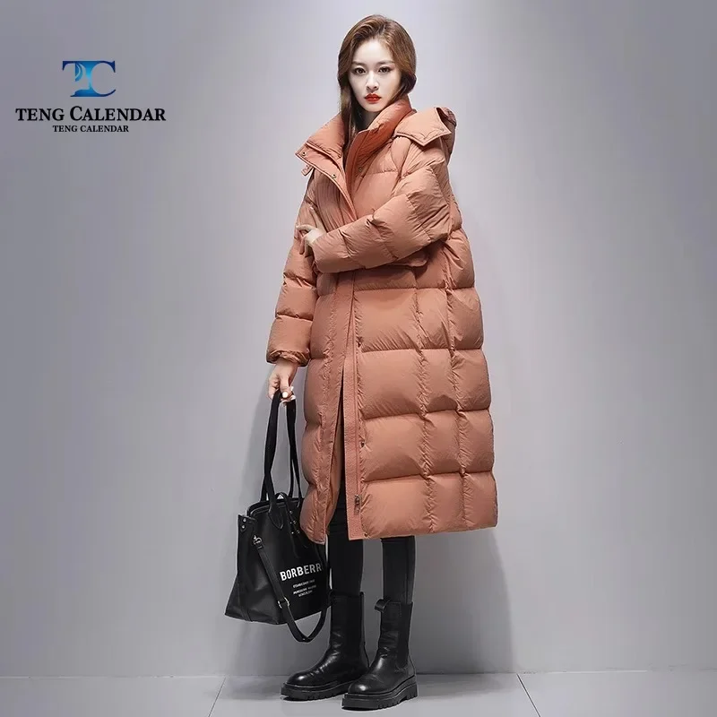 

Down Jacket for Women, Mid to Long, Casual, Monochromatic, Hooded Waist, Cinched 90% White Duck Down, Winter Fashion, New Style