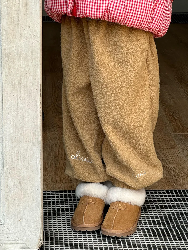 2024 Winter New Children Lamb Cashmere Warm Trousers Girls Plus Velvet Thick Casual Pants Kids Boys Embroidery Sweat Pants