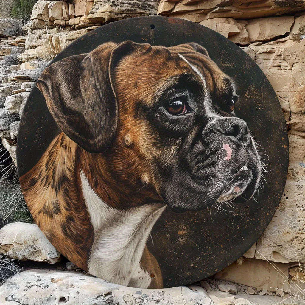 Runde Wandkunst mit Boxer-Hund aus Aluminium, wetterbeständiges Metallschild für Heimdekoration, ideal für Männerhöhle, Büro und Feierlichkeiten