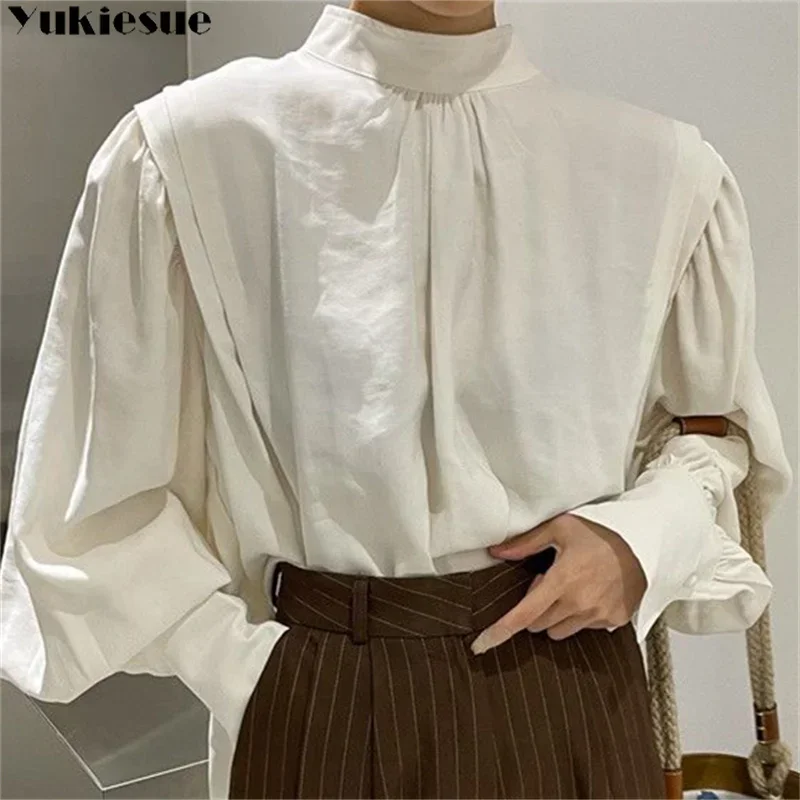 2023 Autumn Vintage New Style Women\'s Elegant Blouse Fashion Round Collar Lantern Sleeve Button Female Korean Edition Shirt