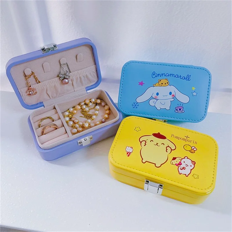 Kawaii Sanrio PU Leather Jewelry Box Hello Kitty Kuromi Storage Box Girls Travel Organizer Case Storage Necklace Ring Organizer