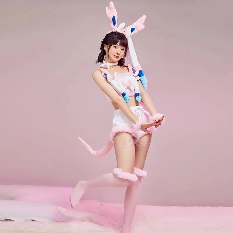Anime Sylveon Cosplay Costume For Women Kawaii Flannel Split Pajamas Tail Socks Suit Bunny Girl Cute Plush Uniform Sexy lingerie
