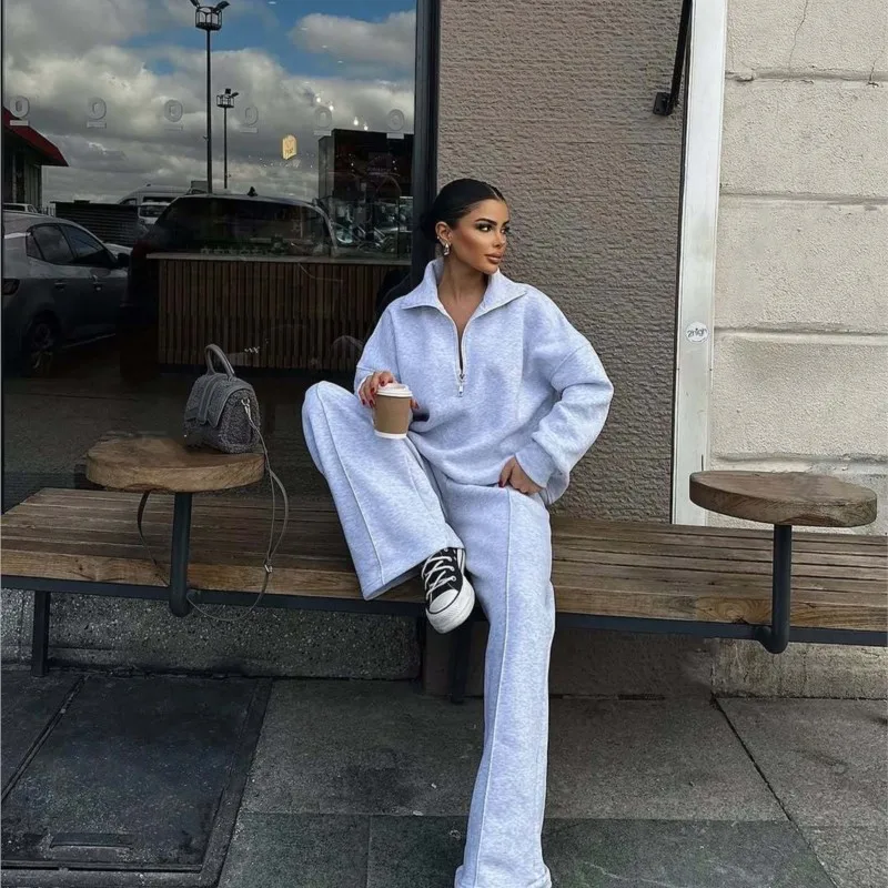 Setelan Dua Potong Wanita Kasual Warna Solid Terbaru, Hoodie Longgar Lengan Panjang Modis, Celana Panjang Model Lurus