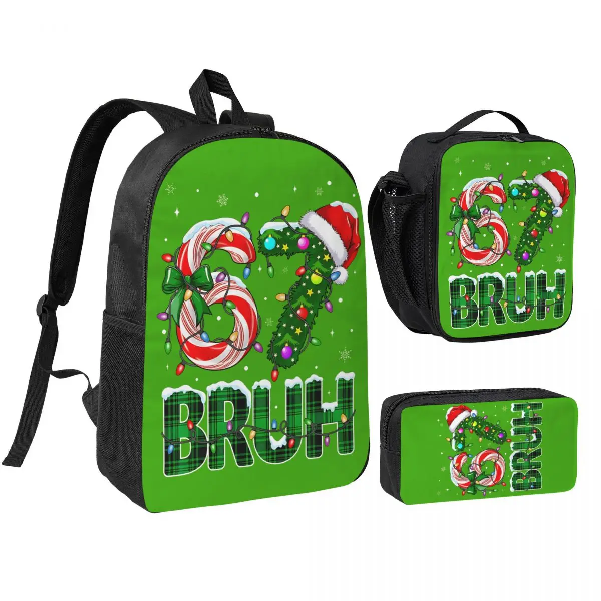3pecs/set Bruh 67 Six Seven 6 7 Meme Backpack for Teenage Back To School Candy Cane Laptop Canvas Bags Lunch bag Pencil Case