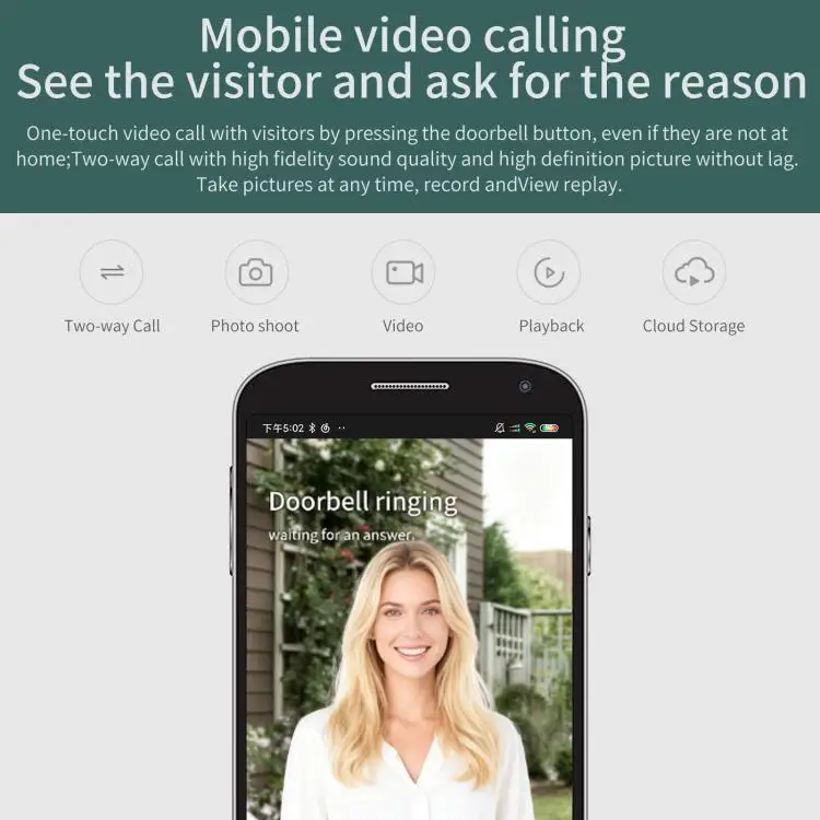 Smart 1080P WiFi Video Doorbell Night Vision PIR Motion Detection Two-Way Audio Intercom Wireless Security Camera Door Viewer