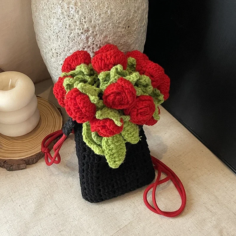 

Summer Knitting Crossbody Phone Bag Women Fashion Rose Floral Crochet Handbag Purple Flower Purse Boho Cross Body Bag