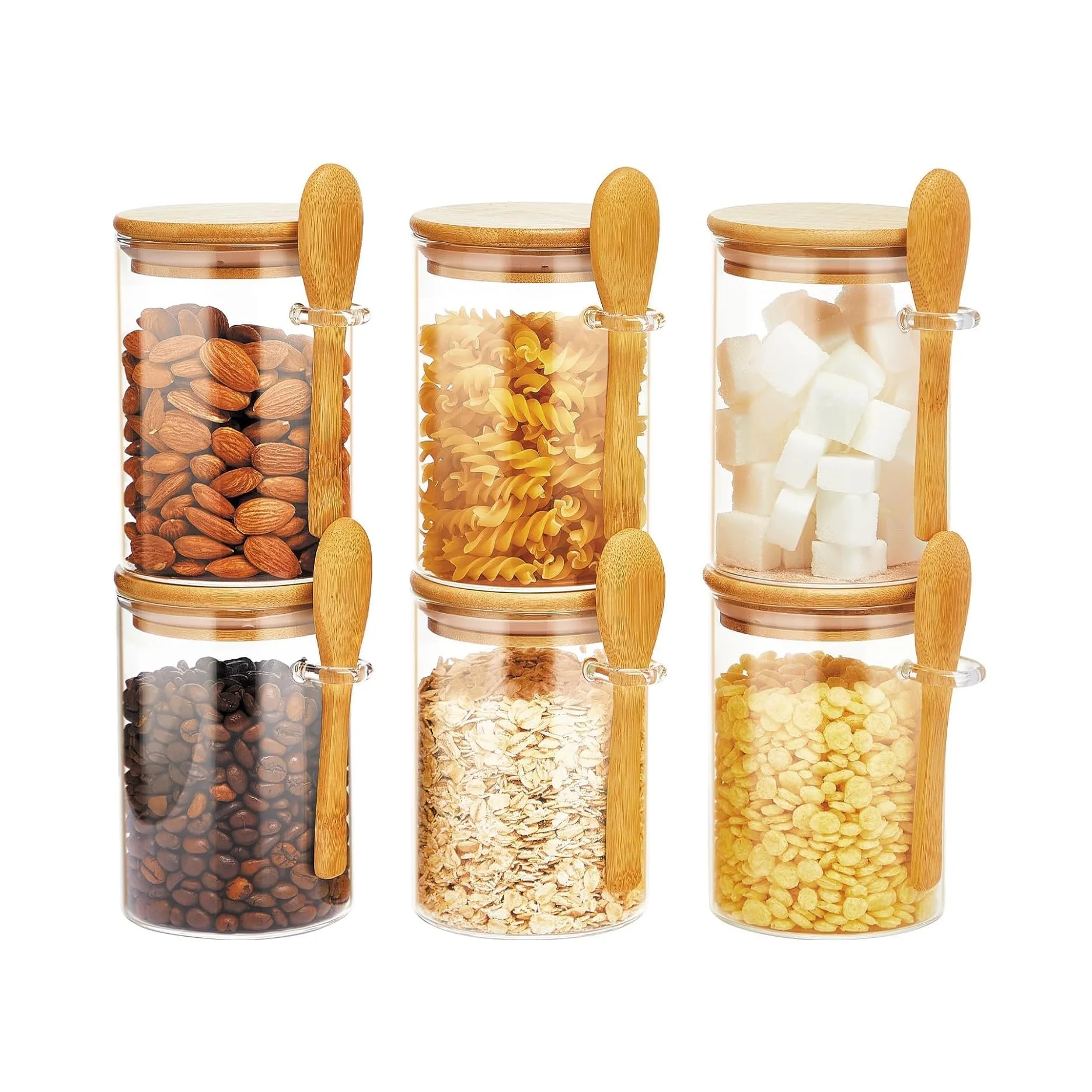 6Pcs Glass Jars with Bamboo Lids Spoons,Airtight Glass Spice Jars,Clear Sugar Container,Coffee Beans Tea Nuts Salts,Kitchen,Home