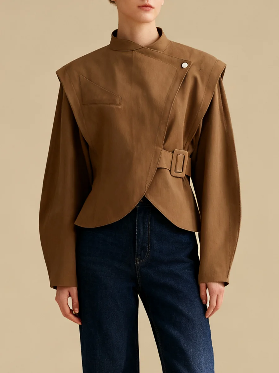 VGH Solid Temperament Loose Spliced Lace Up Short Jackets For Women Stand Collar Long Sleeve Autumn Designer Party Coat Female