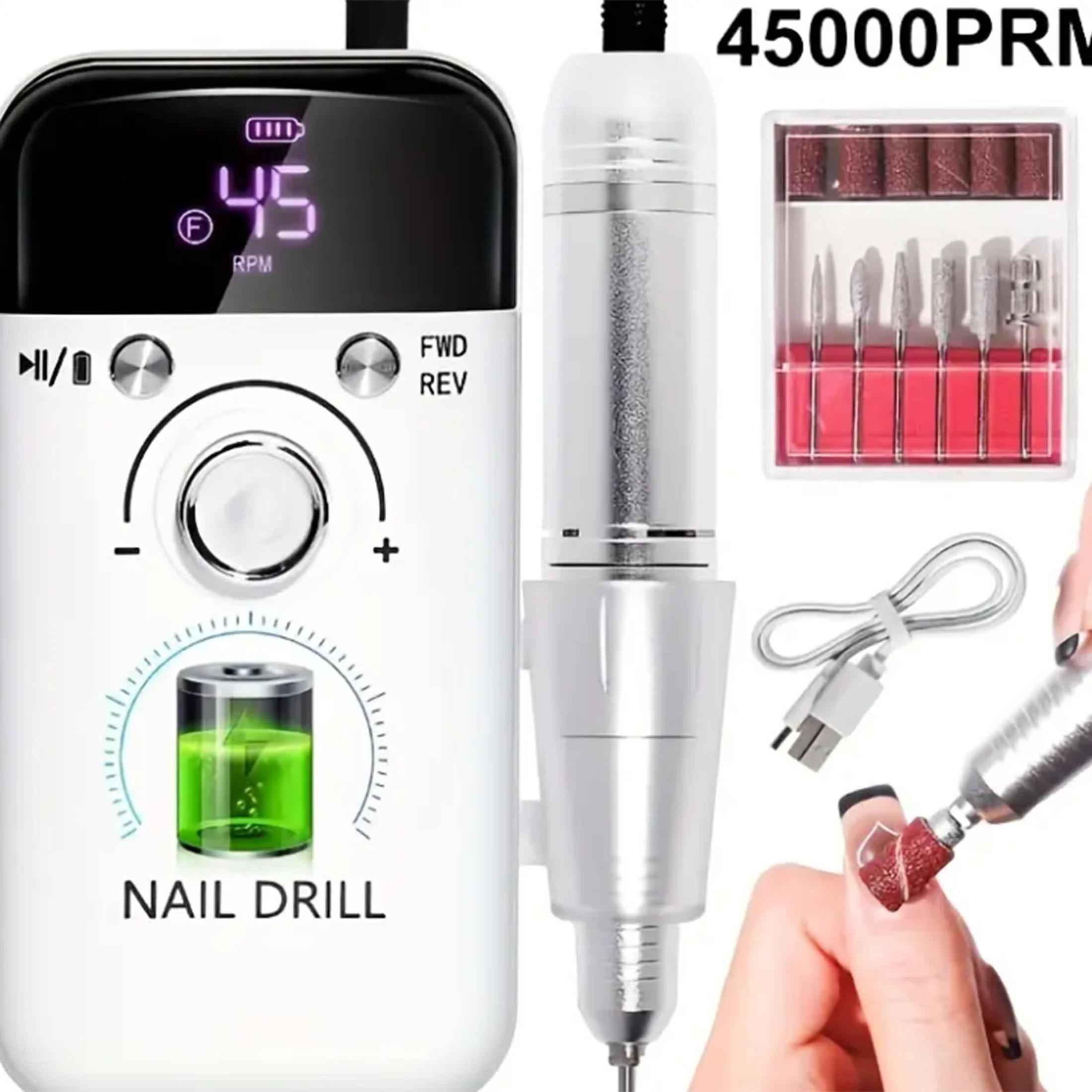 Rechargeable electric nail drill, high-speed portable manicure machine, LCD display, nail art salon equipment.