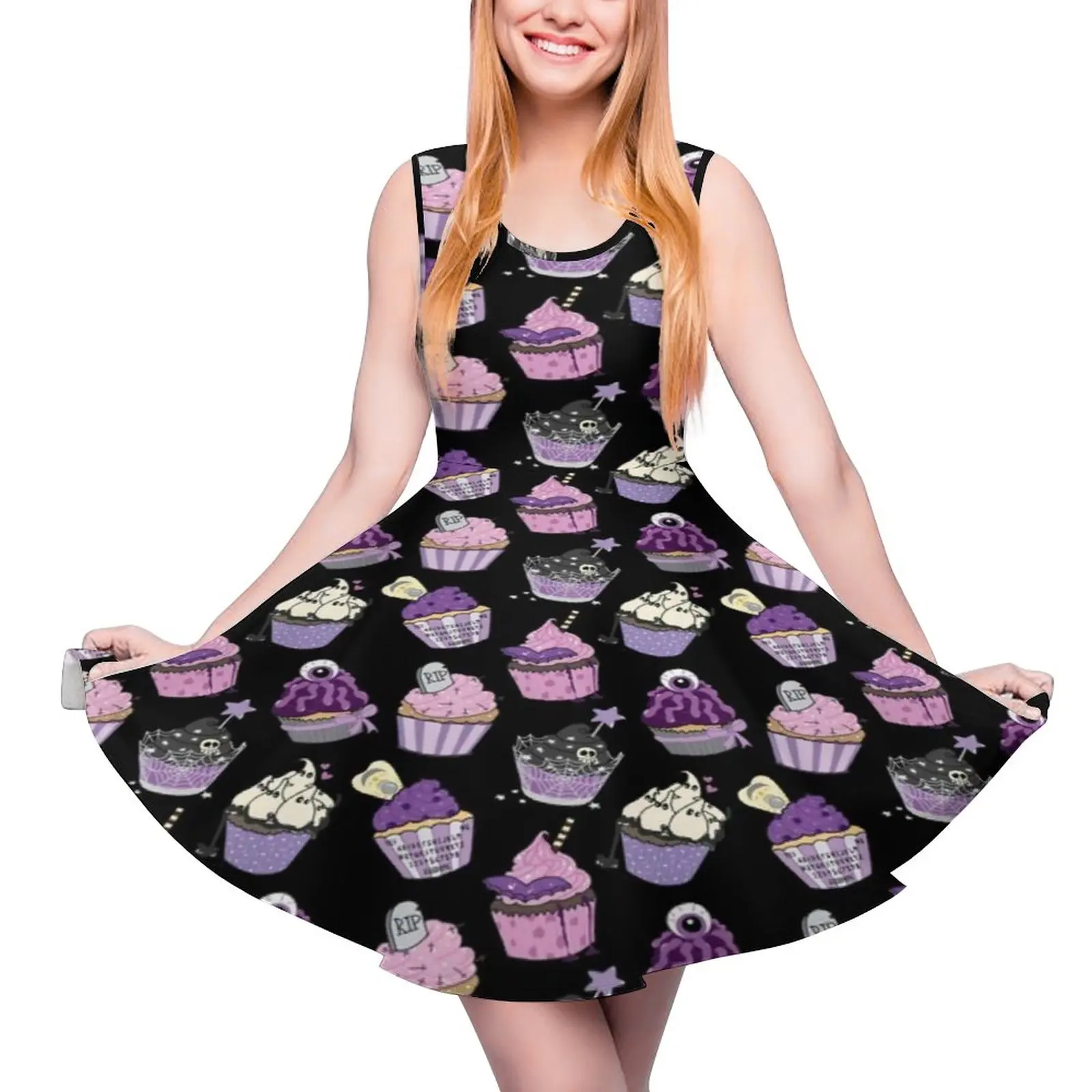 Cartoon Gothic Dress High Waist Funny Ice Cream Casual Dresses Spring Womens Big Size Kawaii Graphic Skate Dress