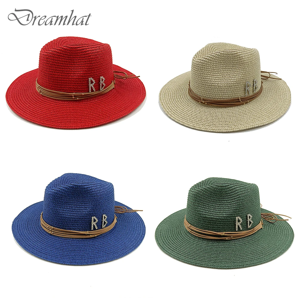 RB Rhinestone Sun Hats Women Men Summer Panama Wide Brim Straw Hats Fashion Colorful Outdoor Jazz Beach Sun Protective Cap