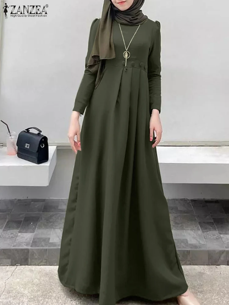 Women Muslim Long Dress ZANZEA Spring Long Sleeve O-Neck Solid Sundress Elegant Robe Turkey Abaya Kaftan Casual Loose Vestidos