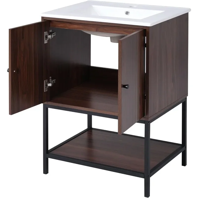 24 inch Bathroom Vanity with Sink,Freestanding Bathroom Cabinet with 2 Soft-Close Doors and Open Storage Shelves,Ceramic