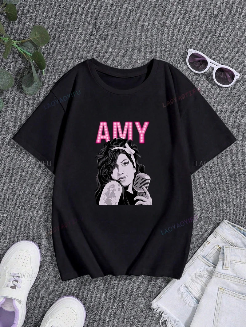 Amy Winehouse‌ Classic Poster Print Blouse for Women, Everyday Casual Streetwear, Spring/summer Cotton Short-sleeved T-shirt