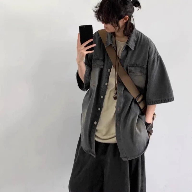 

Retro Waed ort Sve Denim irt Men's Casual Summer Workwear Multi-ket irt Jaet Polyester Fiber Other Materials