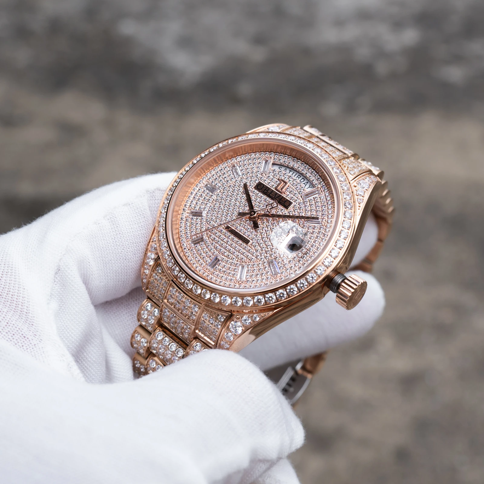 OBLVLO RX-DD-AD Men's Luxury Dress Watch 40mm Full Rose Gold Crystal Automatic Date Feature Elegant Gemstone Timepiece