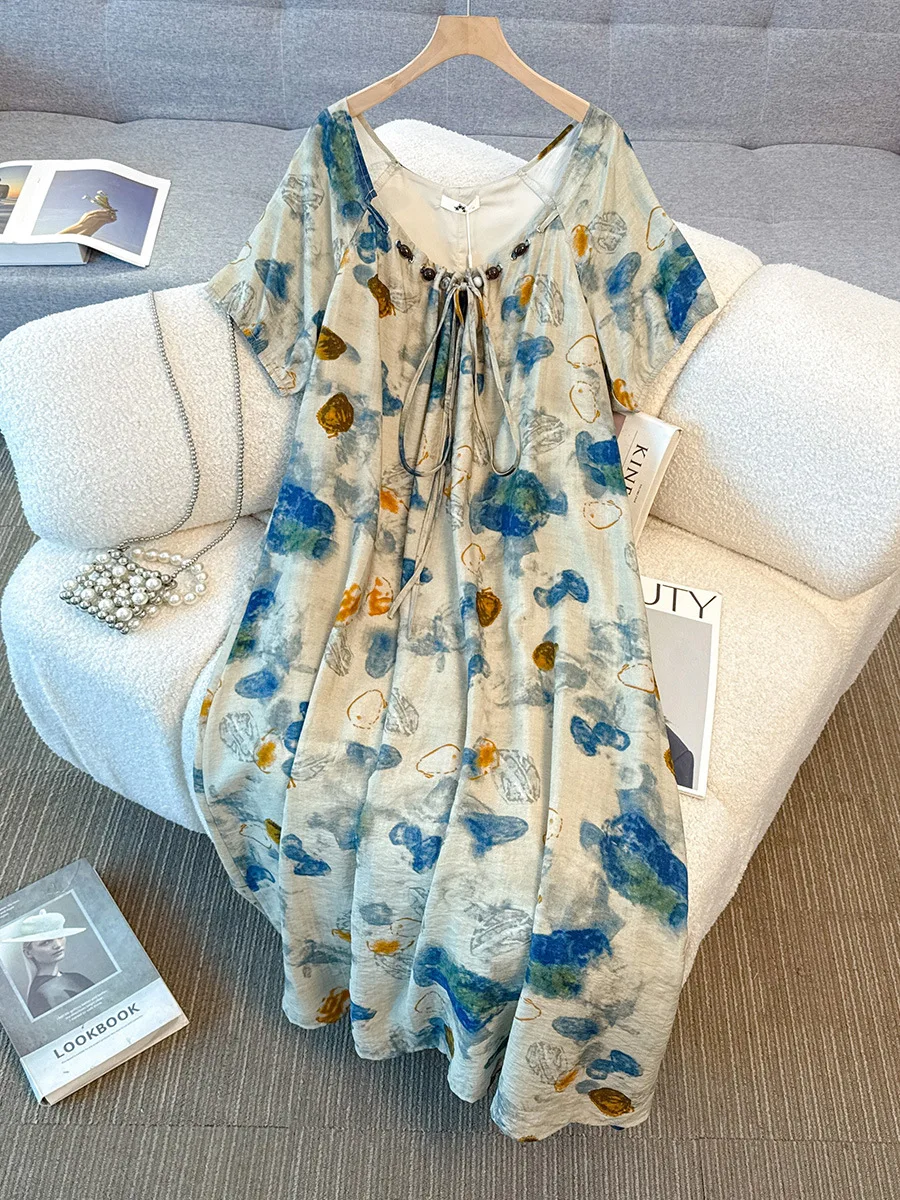 150Kg de talla grande busto de mujer 150 verano suelto de manga corta mezcla Retro vestido de cuentas estampado 5XL 6XL 7XL 8XL 9XL