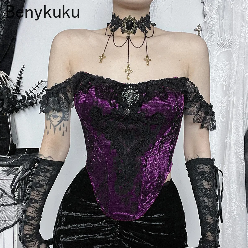 Harajuku Velet Lace Trim Cropped Top Women Mall Goth Aesthetic Grunge T Shirt Corset Tank Top Gothic E-girl Emo Streetwear 2025