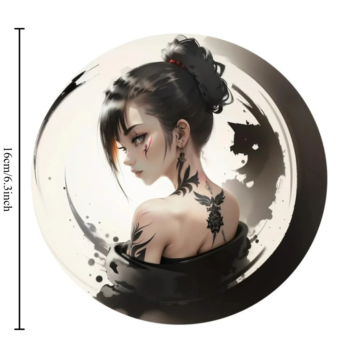2D Flat Japanese Geisha Girl Round Vinyl Sticker, Waterproof Art Decal For Car, Helmet, Wall, Bumper, Laptop Decor, Holiday Gift