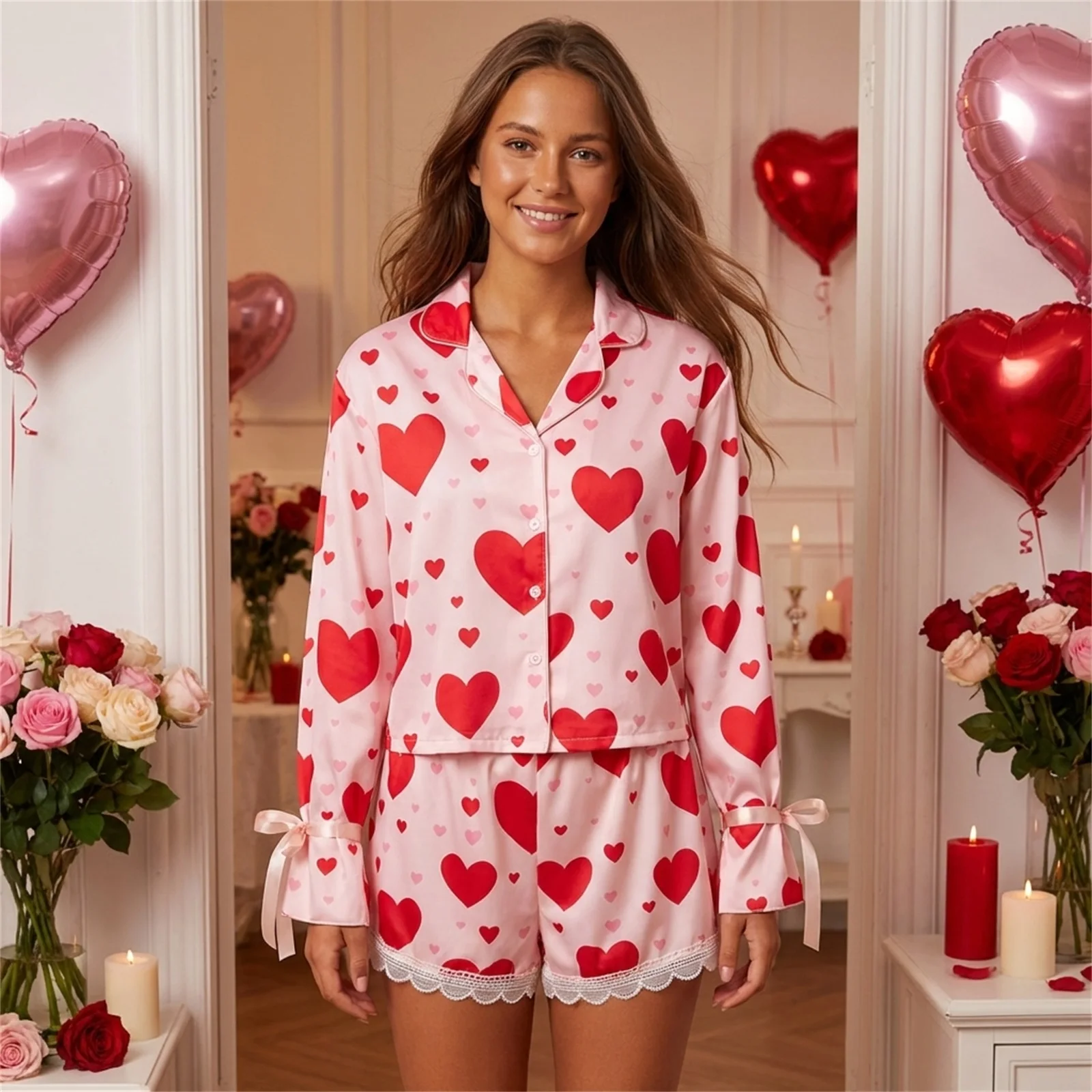 HEZIOWYUN 2Pcs Pajamas Sets for Women Long Sleeve Lapel V Neck Heart Print Loose Fit Tops and Elastic Waist Shorts Loungewear