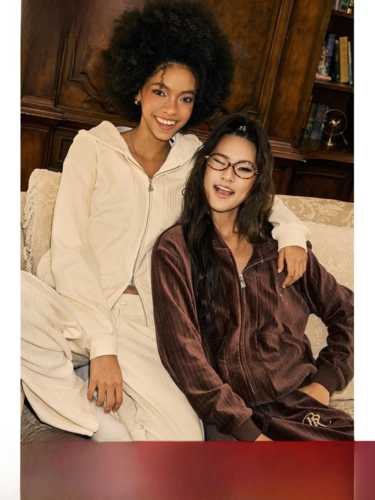 

BeerBro American Casual Lazy Feel Velvet ort Толстовка с капюшоном Jaet Широкие повседневные брюки Женский комплект Faion Cotton Long Sve