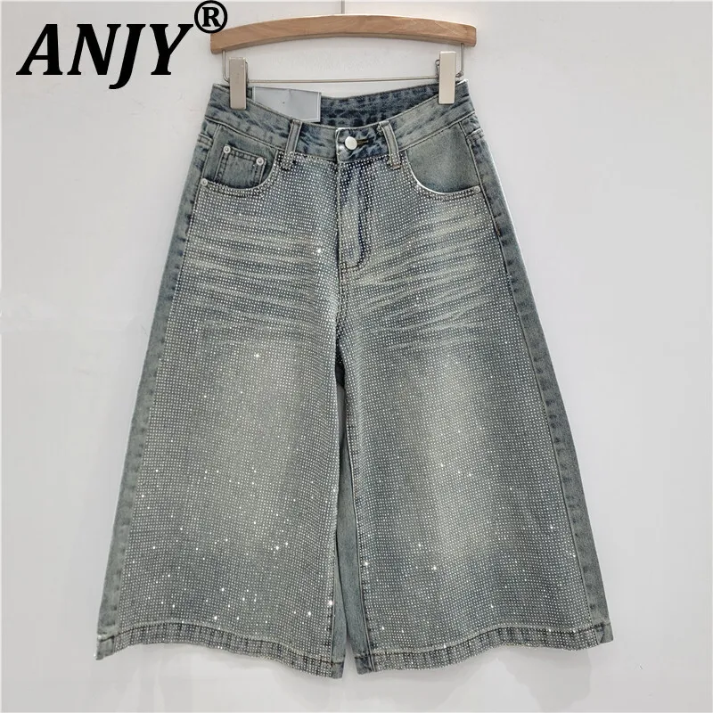 

ANJY новые летние женские шикарные джинсы с шипами и бриллиантами, шорты, прямые потертые джинсовые элегантные укороченные брюки High Street A10005