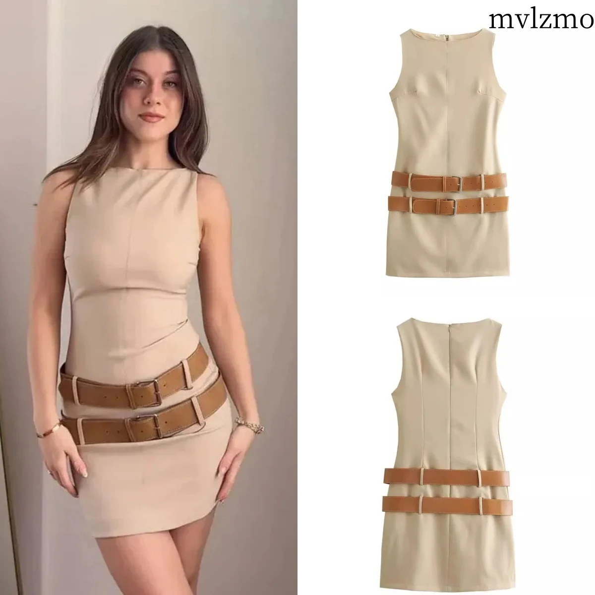 Moda damska Mini sukienka z podwójnym paskiem seksowna szczupła O Neck bez rękawów krótkie sukienki na co dzień kobiece główna ulica Vestidos