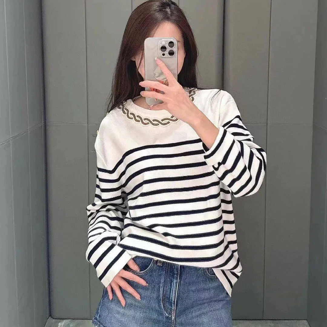 2024 New Autumn Fashion Cotton Knitted Stripes Pullover Women's Sweater Embroidery Beading Shoulder Button Loose Casual Knitwear