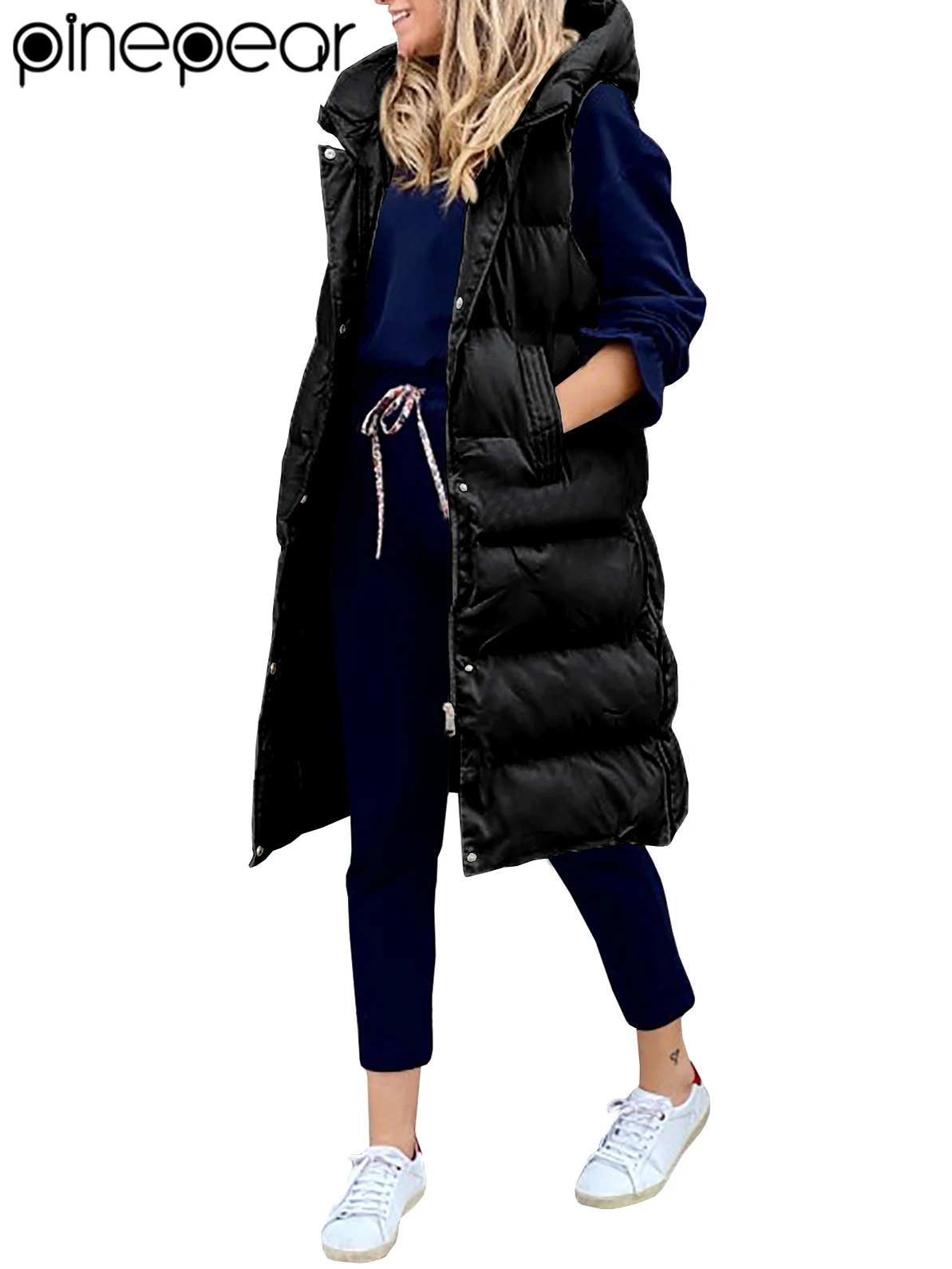 PinePear 2025 Chaleco largo con capucha para mujer, chalecos acolchados sin mangas con cremallera completa, abrigos de moda, chaquetas