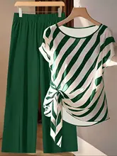 Conjunto de Top con Estampado de Rayas y Pantalones Anchos de Moda de Verano para Mujer, Ideal para Uso Diario y Compras