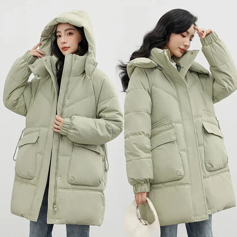 2024 New Winter Clothes Women Long Cotton Jacket Zipper Loose Apron Coat Black Beige Thick Thermal Apron Parka Windproof Outwear