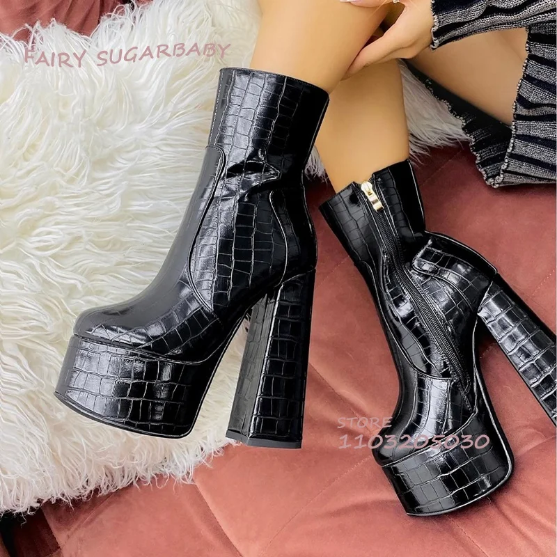 Printed Zebra Black Stripe Platform Boots Cute Girls Ankle Calf Booties Spring Women Black Leather Shoe White Graffiti Versatile