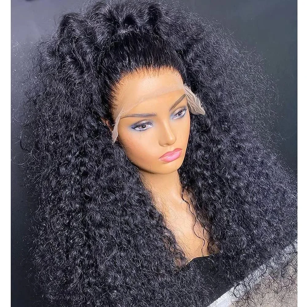 26Inch 180Density Soft Long Kinky Curly Natural Black Deep Lace Front Wig For Women Babyhair Glueless Preplucked Daily