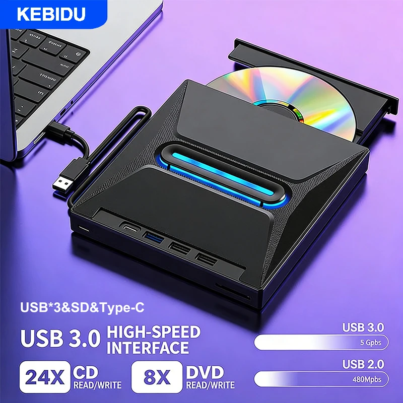 Gravador Blu-Ray Externo KEBIDU, Gravador de CD/DVD, Leitor de Cartão SD, Hub de Reprodução de DVD para Laptop e Desktop