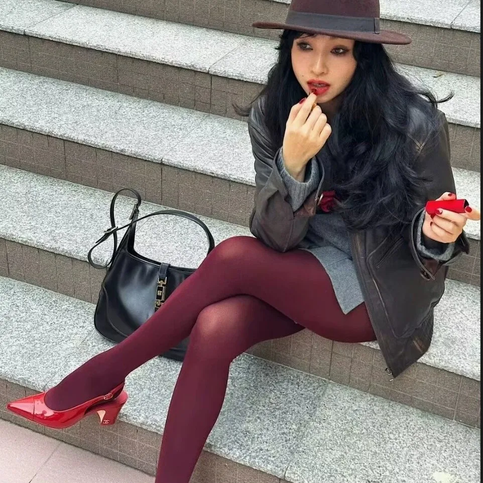 Wine Red Micro-Pressure Shaping Tights–Autumn Opaque Thigh-High Stockings for Women,Slimming Seamless Non-Transparent Base Layer