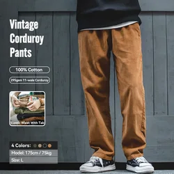 Maden vintage calças de veludo cotelê sólido de cor única corte reto ajuste solto com cintura elástica e bolsos para homens calças casuais clássicas de outono e inverno
